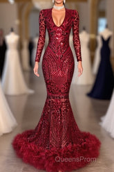Amazing Sequins V-neck Long Sleeve Mermaid Evening Prom Dress