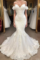 Amazing Sweetheart Mermaid White Wedding Dress Off the shoulder Lace Bridal Gowns Online