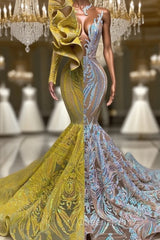 Amazing V-Neck One Shoulder Long Sleeve Long Mermaid Evening Prom Dress