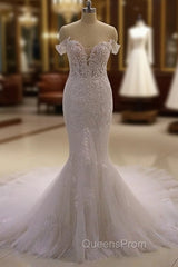 AmazingWhite 3D Lace applique Off the Shoulder Mermaid Bridal Gowns