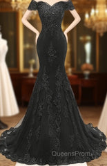 Applique Off The Shoulder Black Mermaid Long Evening Dress