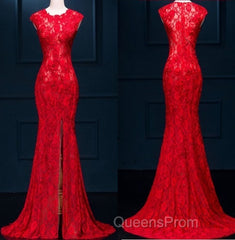 Appliques Lace Mermaid Evening Dress, Sexy Red Long Evening Prom Dress