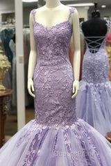 Appliques Mermaid Backless Lavender Straps Purple Lace Evening Prom Dress