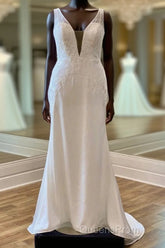 Appliques Sheer Straps Open Back Mermaid Long Wedding Dress