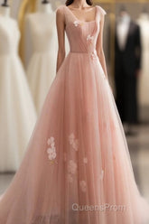 Appliques Straps Long Pink Tulle Flowers Evening Prom Dress