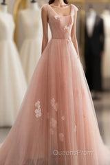 Appliques Straps Long Pink Tulle Flowers Evening Prom Dress