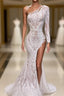 Asymmetrical Mermaid High Split One Shoulder Floor-length Long Sleeve Appliques Lace Evening Prom Dress