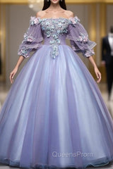At Great Prices Purple Ball Gown Tulle Off the Shoulder Appliques Short Sleeve Quinceanera Dress