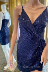 Navy Blue Sequins V-Neck Mini Homecoming Dress