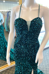 Hunter Green Sequins Deep V Neck Lace-Up Long Prom Dress with Slit