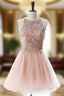 Attractive A lines Pink Homecoming Dress Open Back Sleeveless Beaded Scoop Mini Homecoming Dress