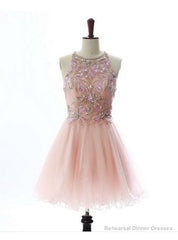 Attractive A lines Pink Homecoming Dresses Open Back Sleeveless Beaded Scoop Mini Homecoming Dress