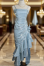 Baby Blue Vintage Floral Dress Asymmetrical Hem Evening Prom Gown