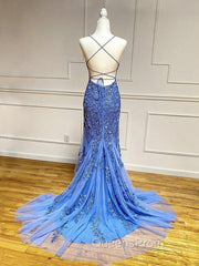 Backless Blue Lace Evening Prom Dress, Open Back Blue Lace Evening Graduation Dress