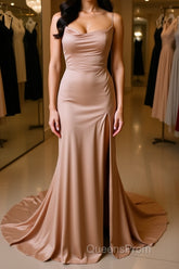 Backless Champagne Long Evening Prom Dress with High Slit, Long Champagne Formal Graduation Evening Dress