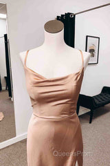 Backless Champagne Long Evening Prom Dress with High Slit, Long Champagne Formal Graduation Evening Dress
