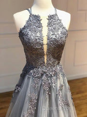 Backless Gray Lace Evening Prom Dress, Backless Gray Lace Formal Evening Graduation Dress