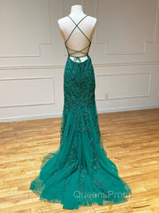 Backless Green Mermaid Lace Evening Prom Dress, Open Back Green Lace Mermaid Evening Dress