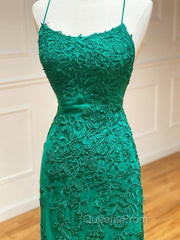 Backless Green Mermaid Lace Evening Prom Dress, Open Back Green Lace Mermaid Evening Dress