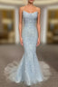 Backless Light Blue Lace Evening Prom Dress, Open Back Light Blue Lace Evening Dress