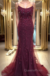 Backless Mermaid Beaded Maroon Lace Long Evening Prom Dress, Backless Burgundy Lace Formal Dress, Burgundy Tulle Evening Dress