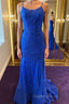Backless Mermaid Blue Lace Tulle Long Evening Prom Dress, Mermaid Blue Formal Dress, Blue Lace Evening Dress