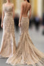 Backless Mermaid Champagne Lace Evening Prom Dress, Champagne Backless Mermaid Lace Evening Dress