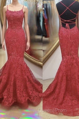 Backless Mermaid Red Lace Long Evening Prom Dress, Mermaid Red Lace Formal Dress, Red Lace Evening Dress