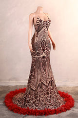 Backless Sequins Mermaid Evening Prom Dress Burgundy Party Evening Dress with Feather Chapel Train