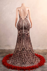 Backless Sequins Mermaid Evening Prom Dress Burgundy Party Evening Dress with Feather Chapel Train
