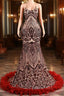 Backless Sequins Mermaid Evening Prom Dress Burgundy Party Evening Dress with Feather Chapel Train
