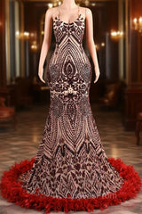 Backless Sequins Mermaid Evening Prom Dress Burgundy Party Evening Dress with Feather Chapel Train