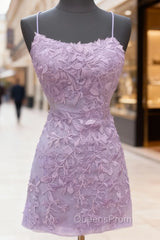 Backless Short Purple Evening Prom Dress, Open Back Short Purple Lace Graduation Homecoming Dress