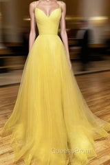 Backless Yellow Tulle Long Evening Dress, Open Back Yellow Tulle Long Evening Prom Dress