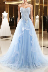 Light Blue Beaded Long Evening Prom Dress