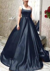 Ball Gown A-line Square Neckline Spaghetti Straps Sweep Train Satin Prom Dresses With Pleated Pockets