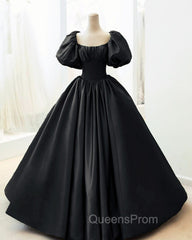 Ball Gown Black Satin Wedding Dress Puffy Sleeves