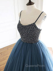 Ball Gown Deep Blue Tulle Evening Prom Dress Evening Dress With Beading,