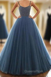 Ball Gown Deep Blue Tulle Evening Prom Dress Evening Dress With Beading,