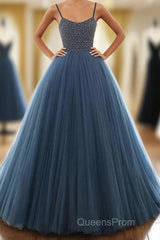Ball Gown Deep Blue Tulle Evening Prom Dress Evening Dress With Beading,