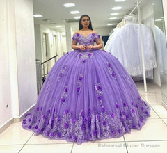 Ball Gown Lace Off-the-Shoulder Lavender Quinceanera Dress