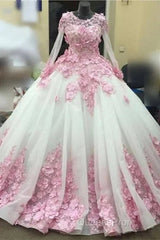 Ball Gown Long Sleeve Tulle Evening Prom Flowers Wedding Dress