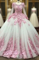 Ball Gown Long Sleeve Tulle Evening Prom Flowers Wedding Dress
