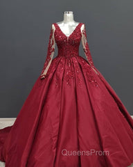Ball Gown Long Sleeves Lace Appliques Satin V Neck Dress