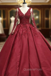 Ball Gown Long Sleeves Lace Appliques Satin V Neck Dress