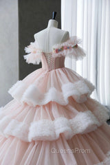 Ball Gown Off Shoulder Pink Tulle Long Evening Prom Dress, Sweet 16 Dress