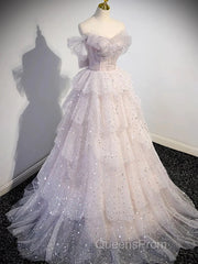 Ball Gown Off Shoulder Tulle Sequin Light Pink Long Evening Prom Dress