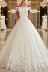 Ball Gown Off-the-Shoulder Floor-Length Tulle Wedding Dress With Appliques Lace