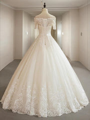 Ball Gown Off-the-Shoulder Floor-Length Tulle Wedding Dress With Appliques Lace