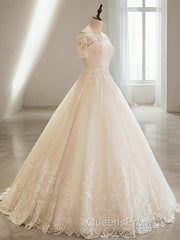 Ball Gown Off-the-Shoulder Floor-Length Tulle Wedding Dress With Appliques Lace